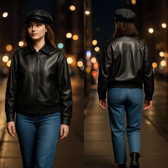 Automet Womens Black Faux Leather Bomber Jacket Sz M Zip Up Minimalist Modern - Picture 1 of 14